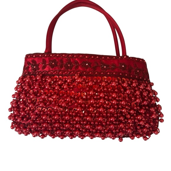 Vintage Red Beaded Evening Bag | Beaded Fringe Statement Purse